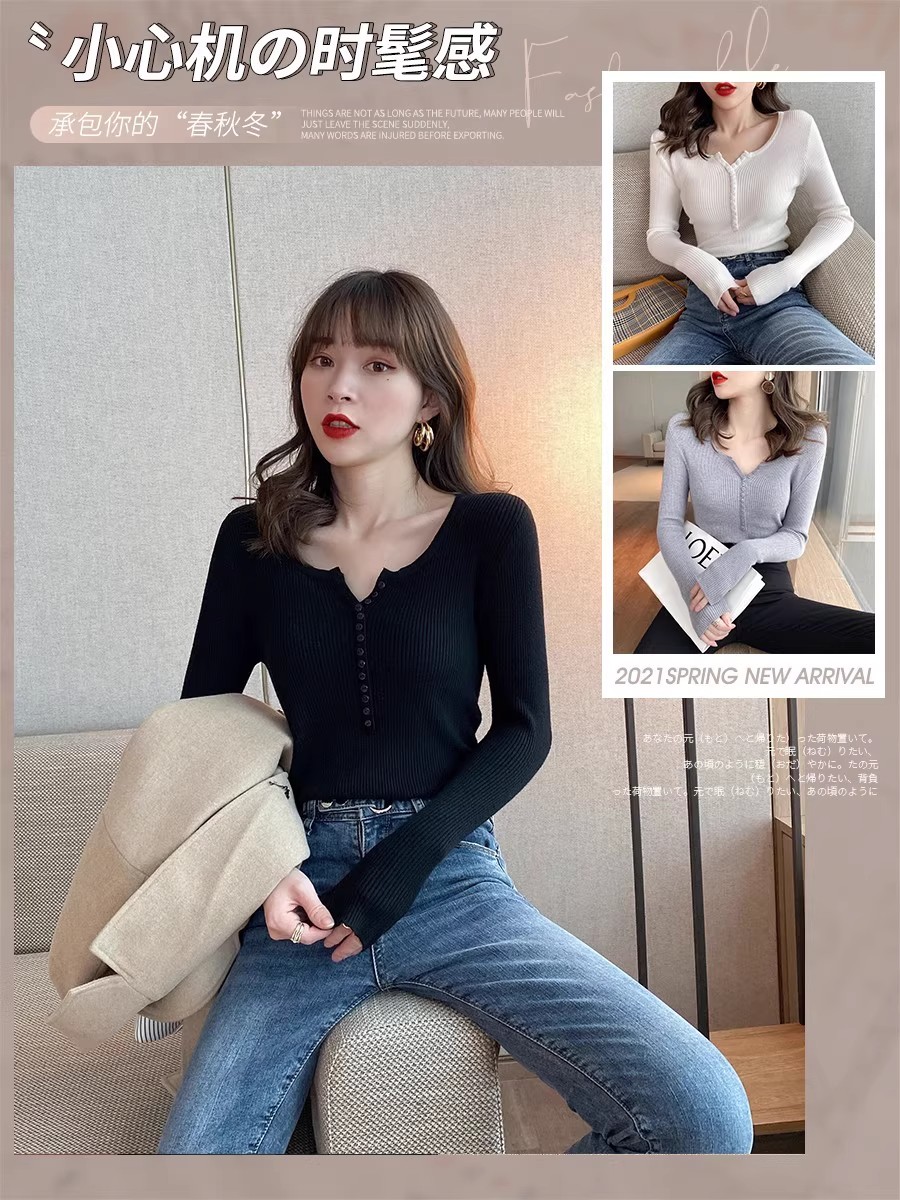 Women's Black V-Neck Slim Knit Sweater Long Sleeve Base Layer - Image 4