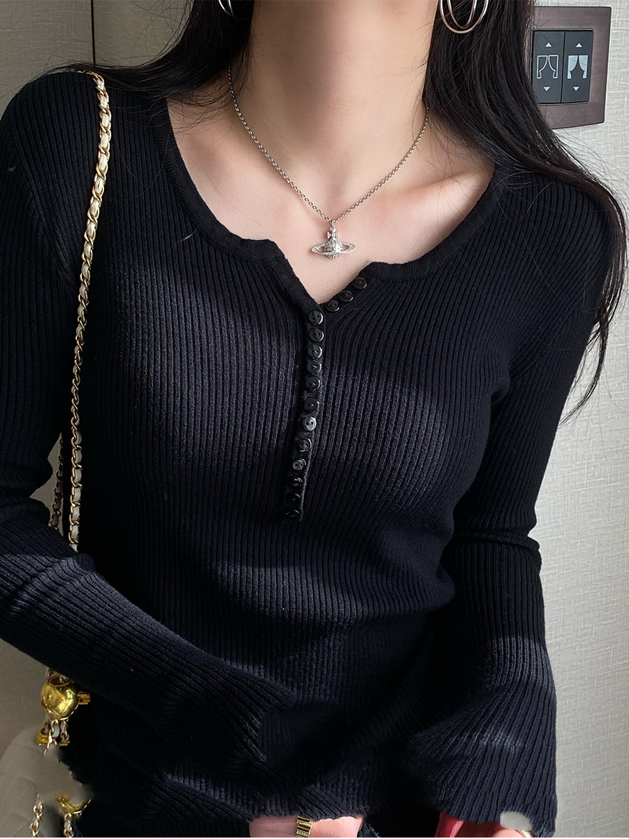 Women's Black V-Neck Slim Knit Sweater Long Sleeve Base Layer