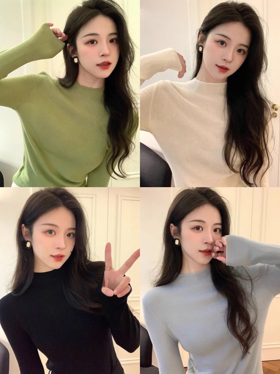Women's Slim Fit Long Sleeve Half High Neck Knit Sweater Top - Image 2