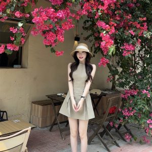 Khaki Sleeveless A-Line Pleated Mini Dress for Women Summer Commute