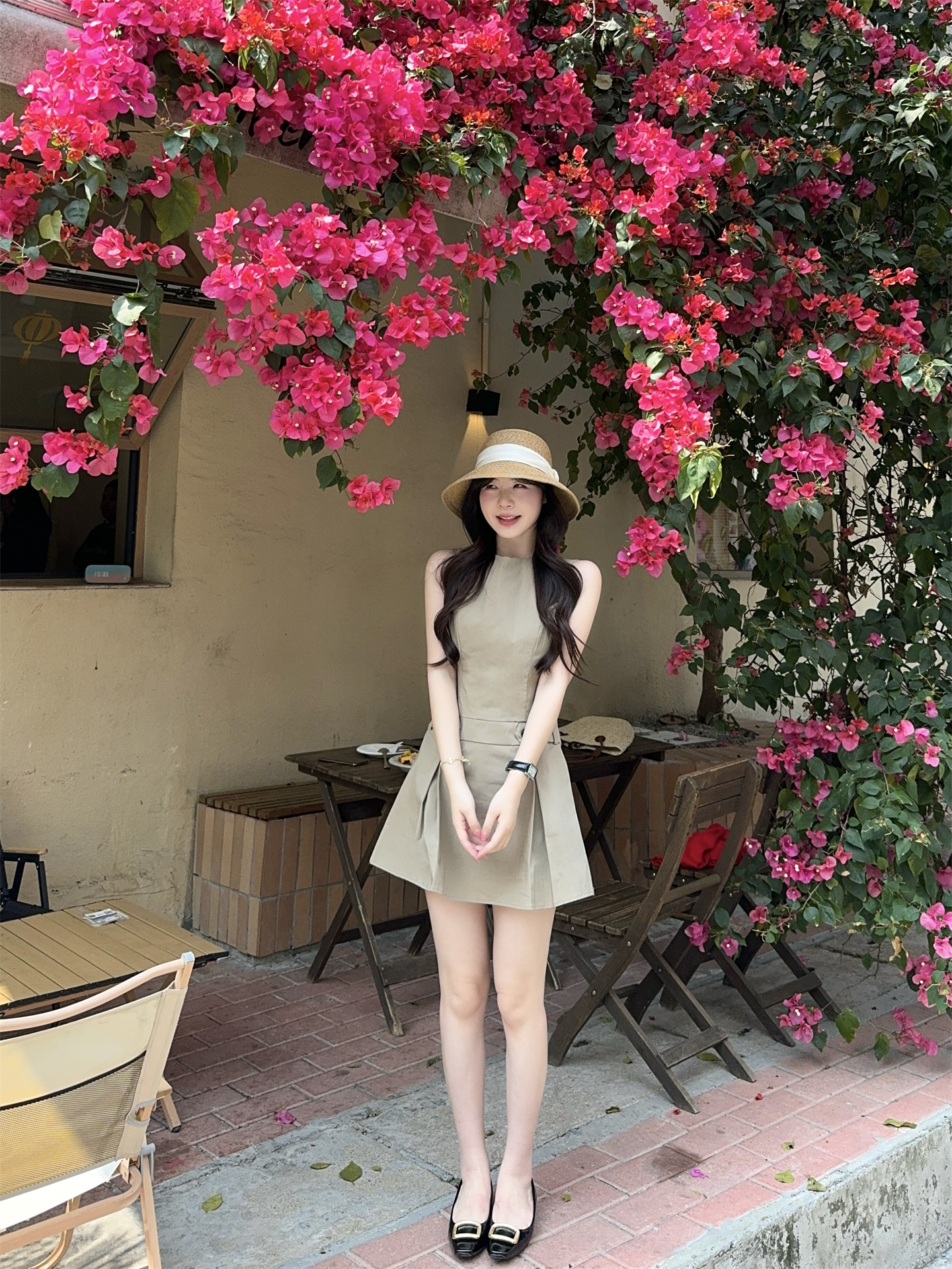 Khaki Sleeveless A-Line Pleated Mini Dress for Women Summer Commute