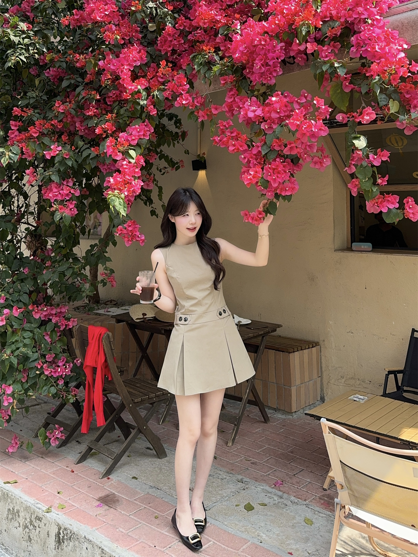 Khaki Sleeveless A-Line Pleated Mini Dress for Women Summer Commute - Image 3
