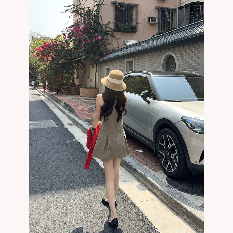 Khaki Sleeveless A-Line Pleated Mini Dress for Women Summer Commute - Image 5
