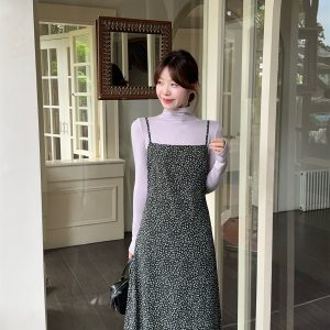 Two-Piece Set Half Turtleneck Long Sleeve Top and Floral Cami Dress