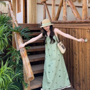 Resort Style Embroidered Tassel Striped Cami Long Dress