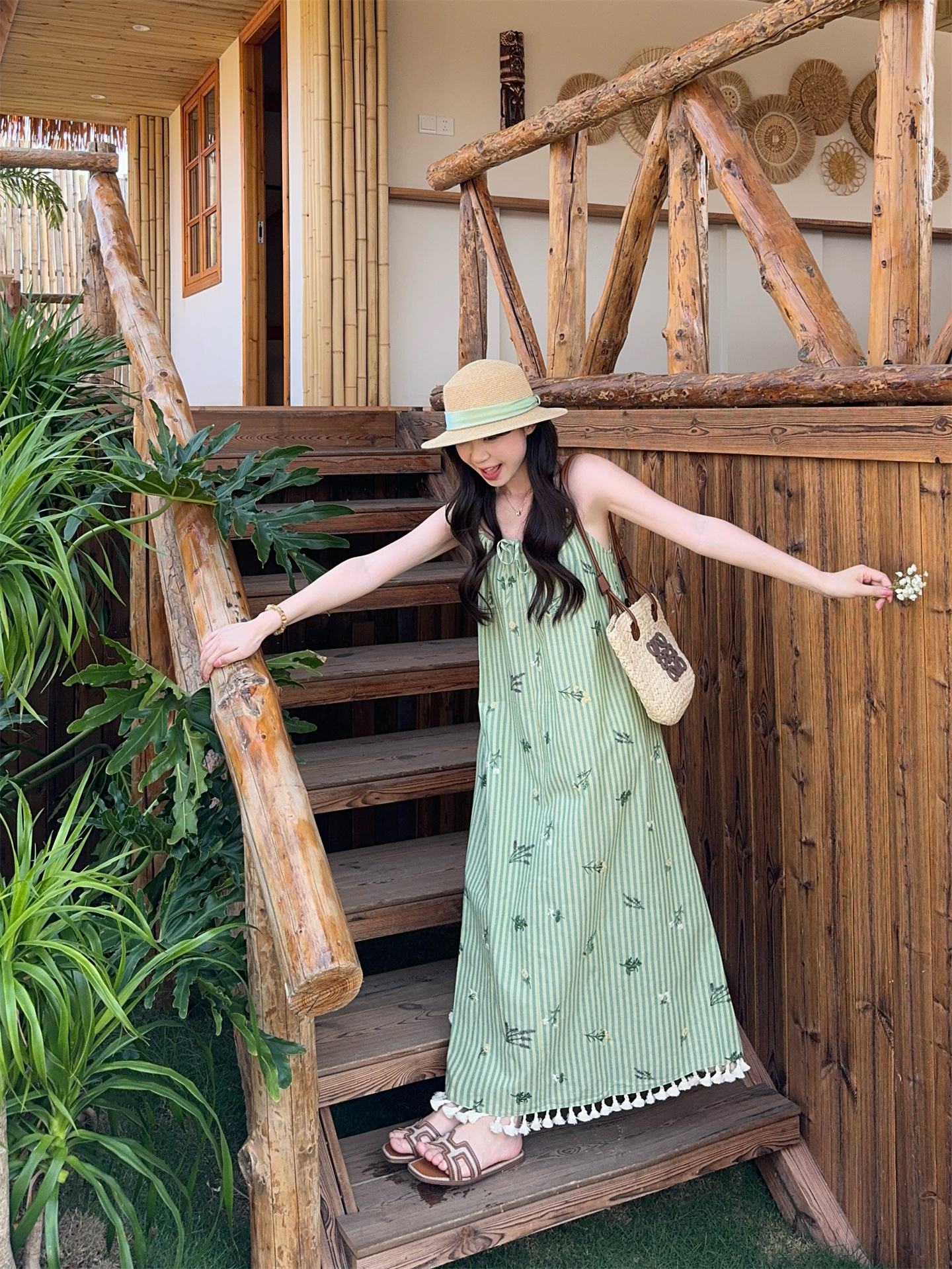 Resort Style Embroidered Tassel Striped Cami Long Dress
