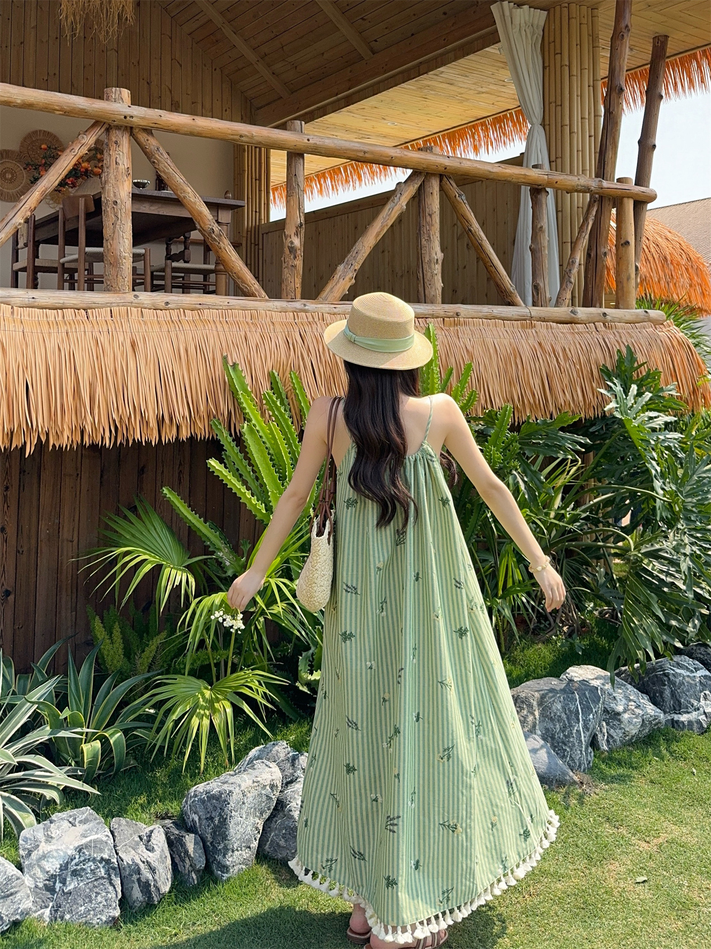Resort Style Embroidered Tassel Striped Cami Long Dress - Image 3