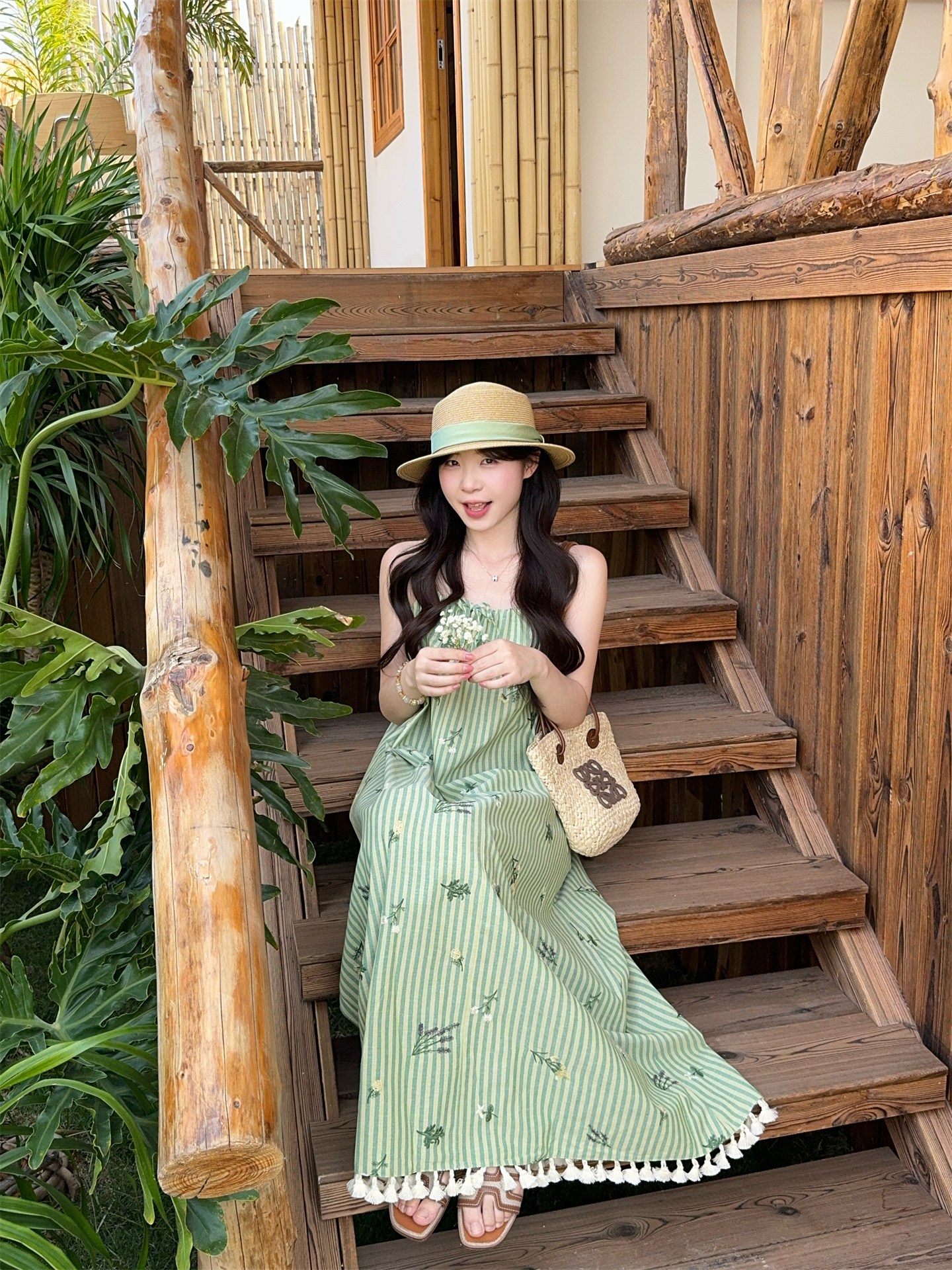 Resort Style Embroidered Tassel Striped Cami Long Dress - Image 4