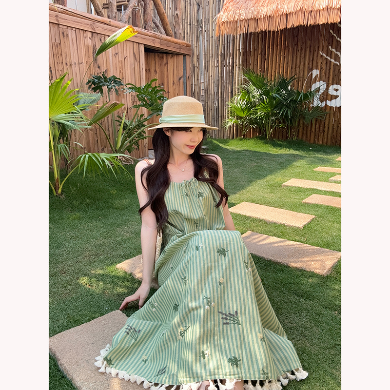 Resort Style Embroidered Tassel Striped Cami Long Dress - Image 5
