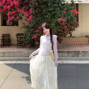 Sweet Half Turtleneck Long Sleeve Top and Layered Cami Dress Two Piece Set