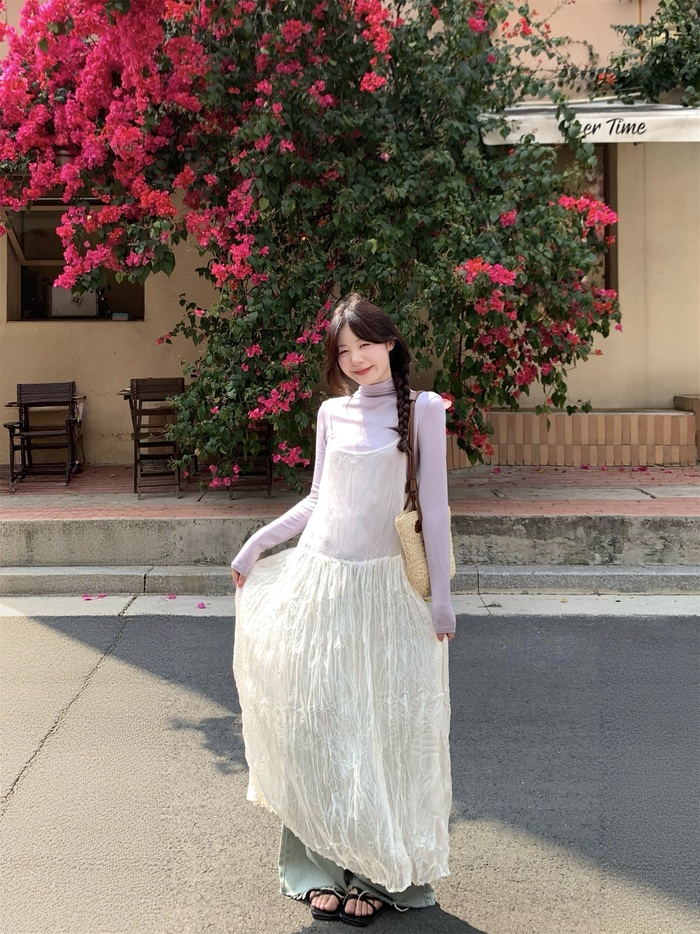 Sweet Half Turtleneck Long Sleeve Top and Layered Cami Dress Two Piece Set