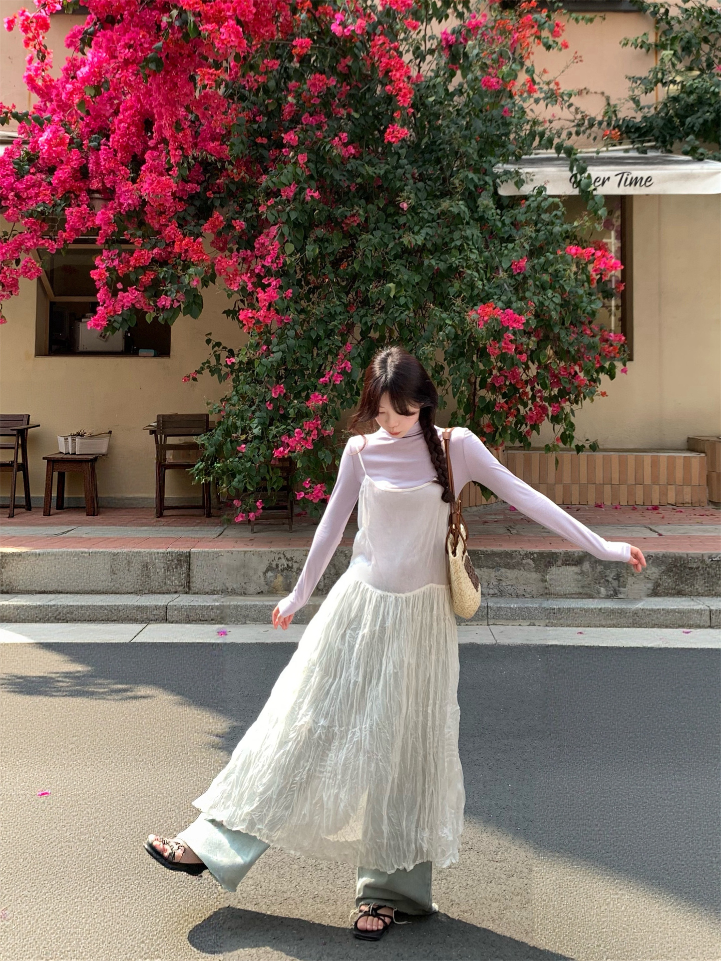 Sweet Half Turtleneck Long Sleeve Top and Layered Cami Dress Two Piece Set - Image 2