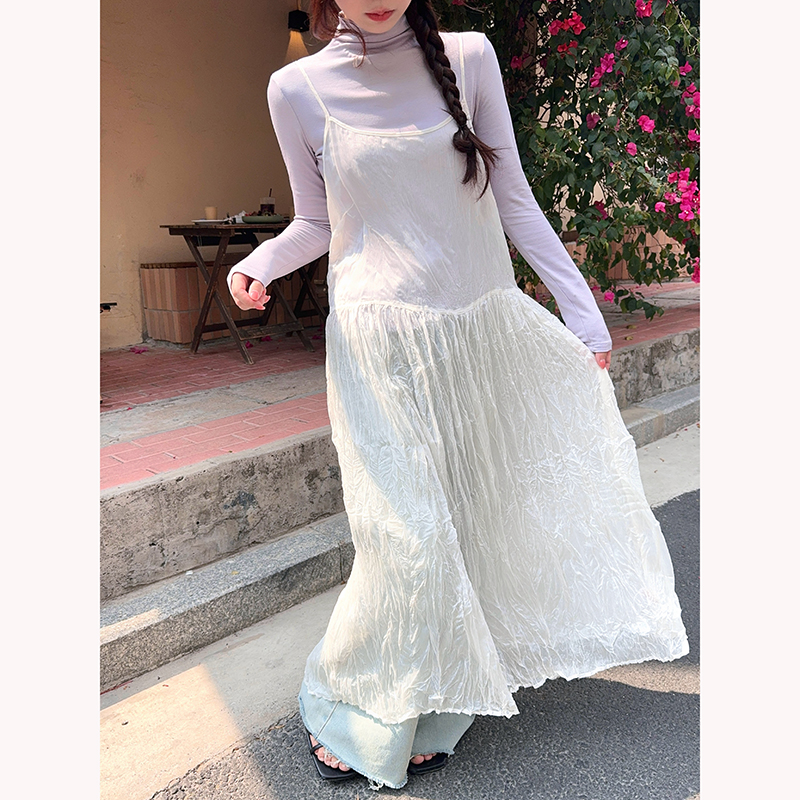 Sweet Half Turtleneck Long Sleeve Top and Layered Cami Dress Two Piece Set - Image 5