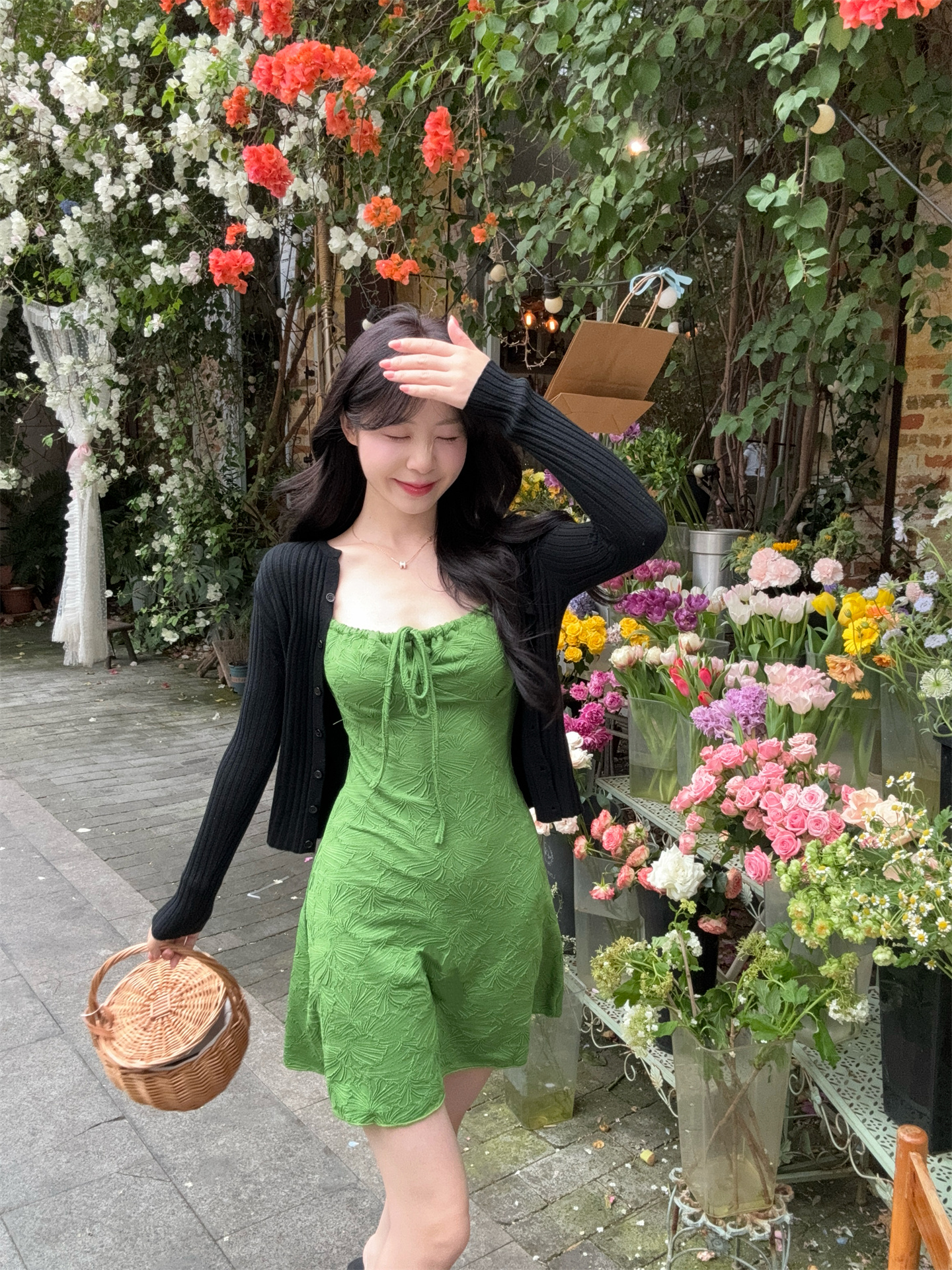 French Vintage Square Neck Textured Bodycon Cami Dress with Knit Cardigan Two Piece Set - Image 2