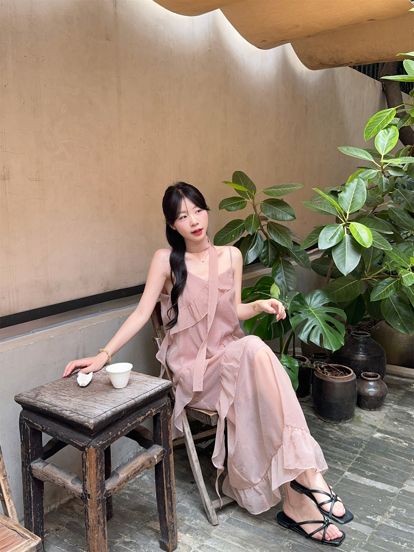 French Style Ruffle Lace Cami Dress with Tiered Cake Skirt