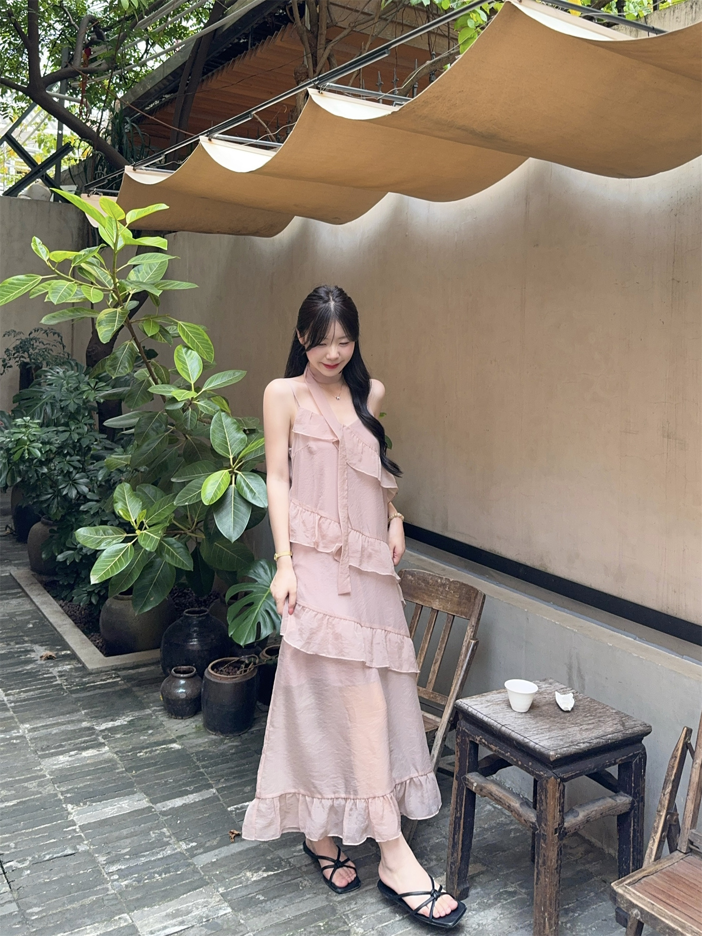 French Style Ruffle Lace Cami Dress with Tiered Cake Skirt - Image 3