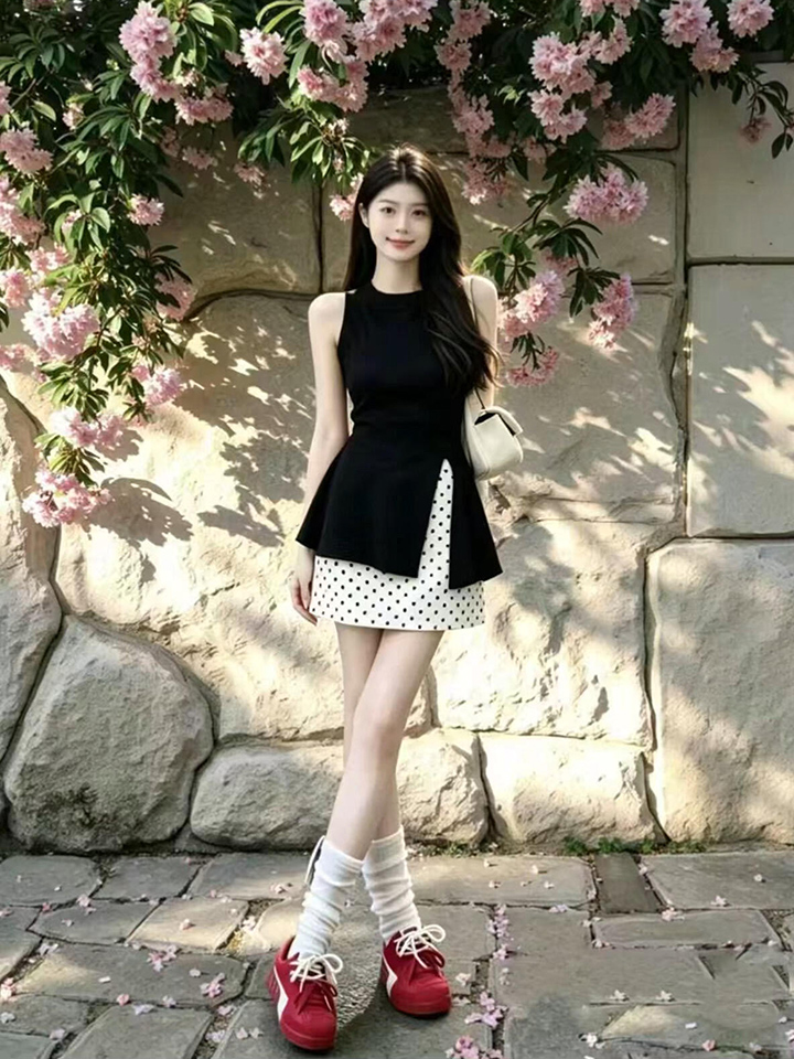 Black Sleeveless Bow Tie Split Vest and Mesh Polka Dot Skirt Two-Piece Set for Women Summer
