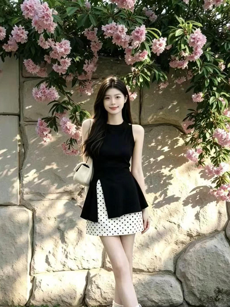 Black Sleeveless Bow Tie Split Vest and Mesh Polka Dot Skirt Two-Piece Set for Women Summer - Image 2