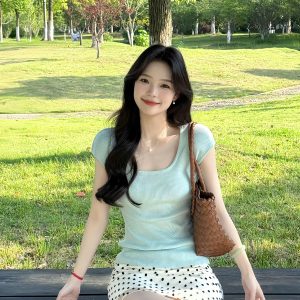 Green U-Neck Knit Top and Polka Dot Mesh Skirt Two-Piece Set for Women Summer - Style fd8242