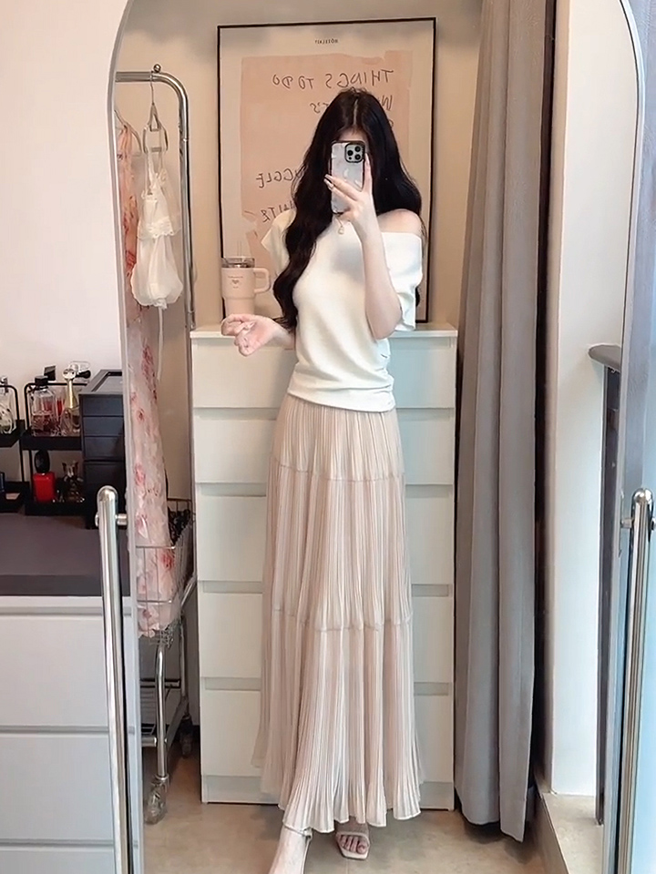 Off-Shoulder Short-Sleeve T-Shirt and Skirt Two-Piece Set for Women Summer - Image 3