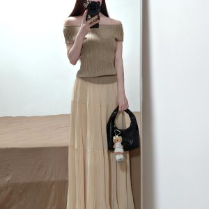 One-Shoulder Knit Top and A-Line Skirt Two-Piece Set