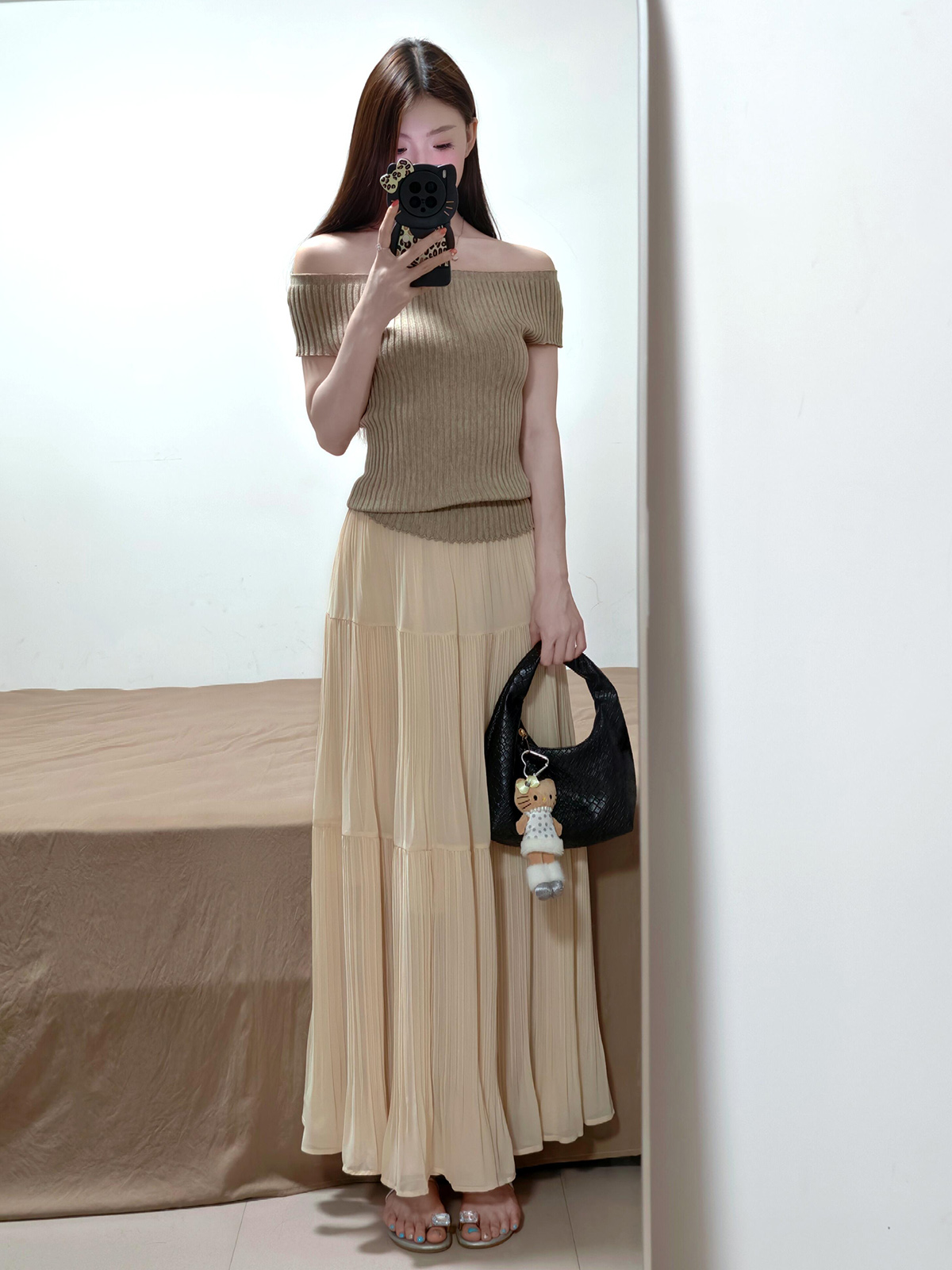 One-Shoulder Knit Top and A-Line Skirt Two-Piece Set