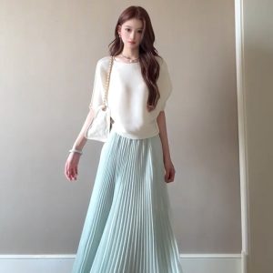 Romantic Revolution Blue Pleated Midi Skirt Set for Women with Elastic Waist