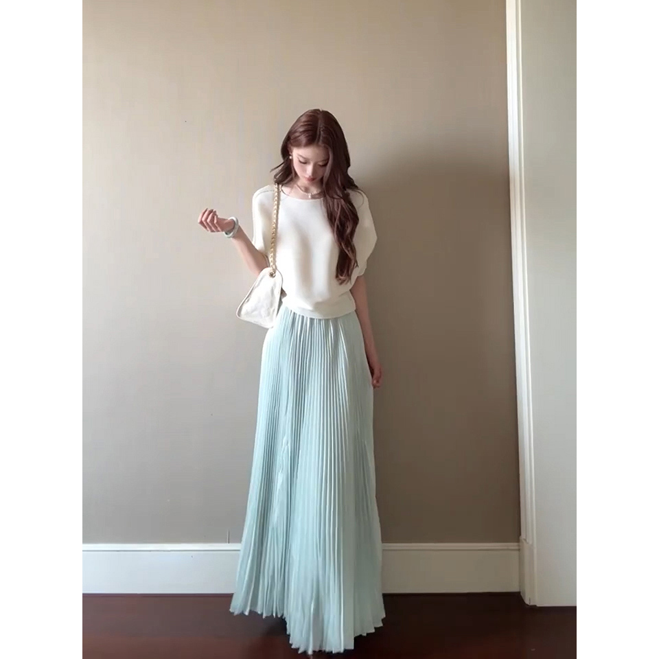 Romantic Revolution Blue Pleated Midi Skirt Set for Women with Elastic Waist - Image 5