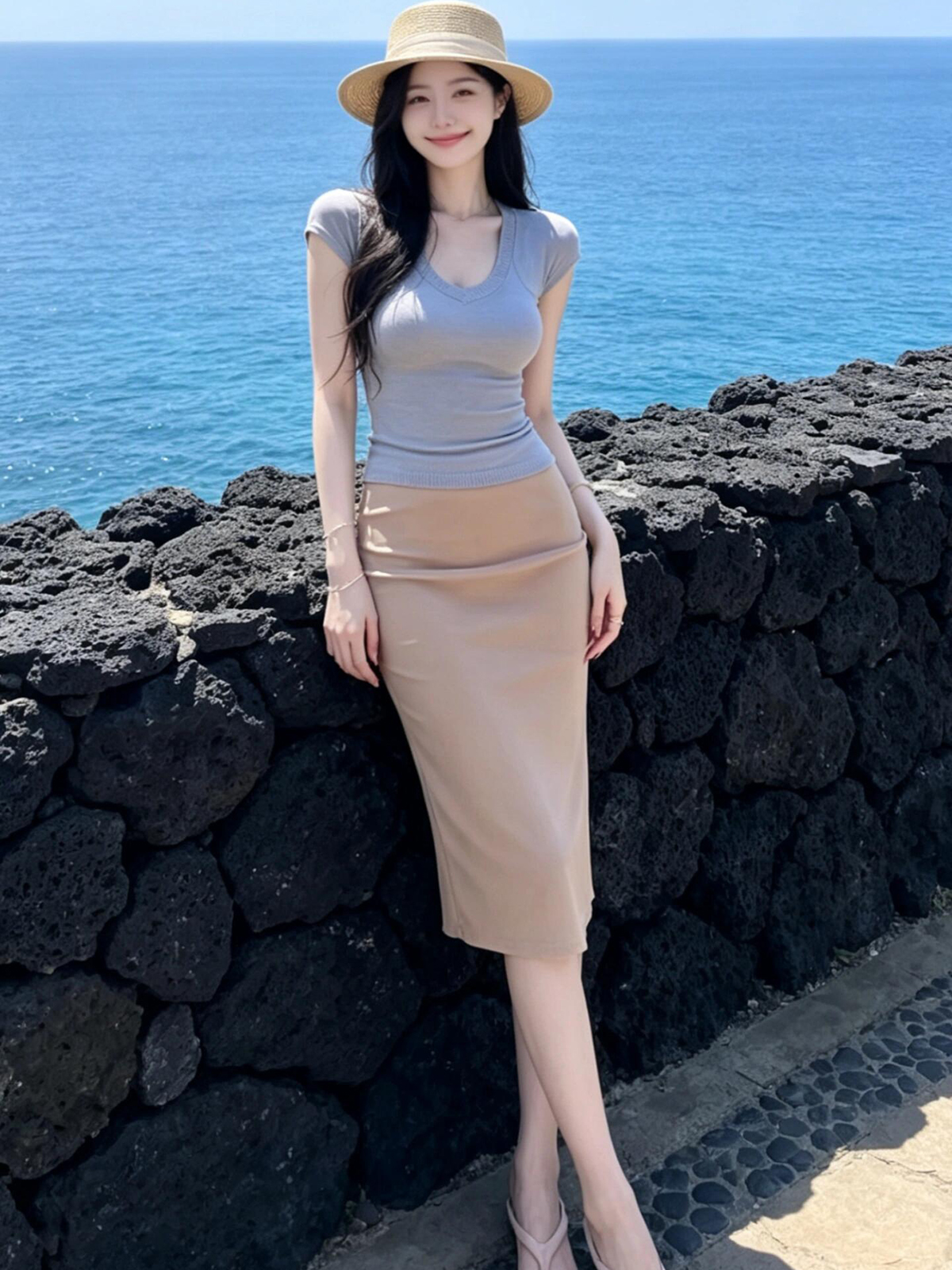 Women's Lyocell Slim V-Neck Top and Skirt Two-Piece Set