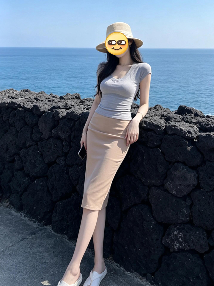 Women's Lyocell Slim V-Neck Top and Skirt Two-Piece Set - Image 3
