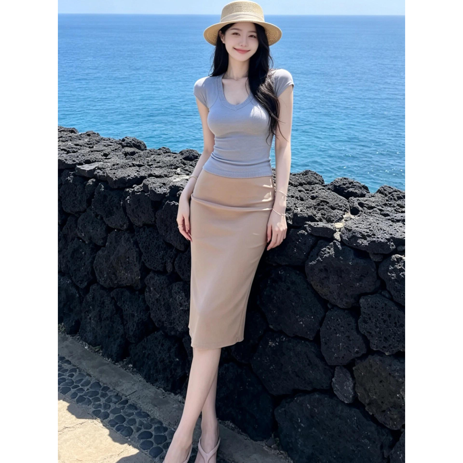 Women's Lyocell Slim V-Neck Top and Skirt Two-Piece Set - Image 5