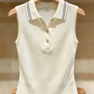 Korean Polo Collar White Knit Sleeveless Camisole Tank Top for Women Summer