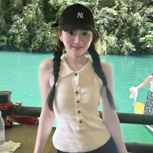 Korean Style Apricot Polo Collar Knit Sleeveless Camisole Tank Top for Women Summer Wear