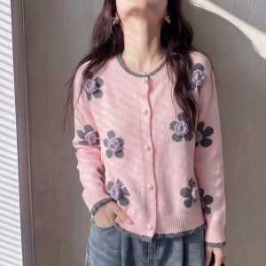 Pink 3D Floral Long Sleeve Knit Cardigan Sweater for Women Spring Autumn Sweet Single-Breasted Round Neck