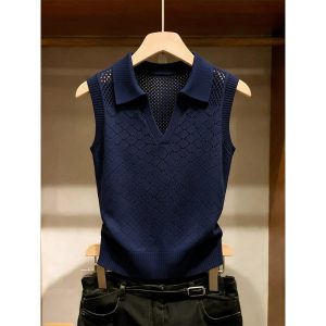 Sexy Cutout Navy Sleeveless Top Women 2026 New Casual Slimming Lapel Knit Vest Summer Outerwear