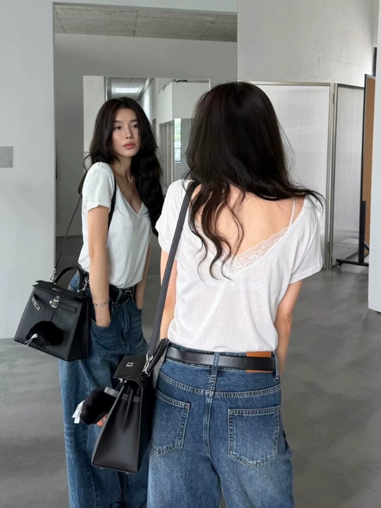 Korean V-Neck Lace Patch Short Sleeve T-Shirt for Women Summer Front Back Wearable Shoulder-Baring Top - Image 4