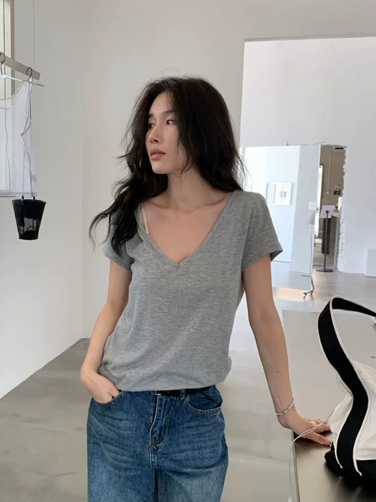 Korean V-Neck Lace Patch Short Sleeve T-Shirt for Women Summer Front Back Wearable Shoulder-Baring Top - Image 2