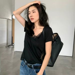 Korean V-Neck Lace Patch Short Sleeve T-Shirt for Women Summer Front Back Wearable Shoulder-Baring Top