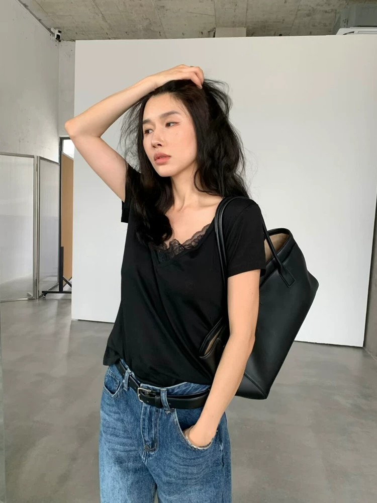 Korean V-Neck Lace Patch Short Sleeve T-Shirt for Women Summer Front Back Wearable Shoulder-Baring Top