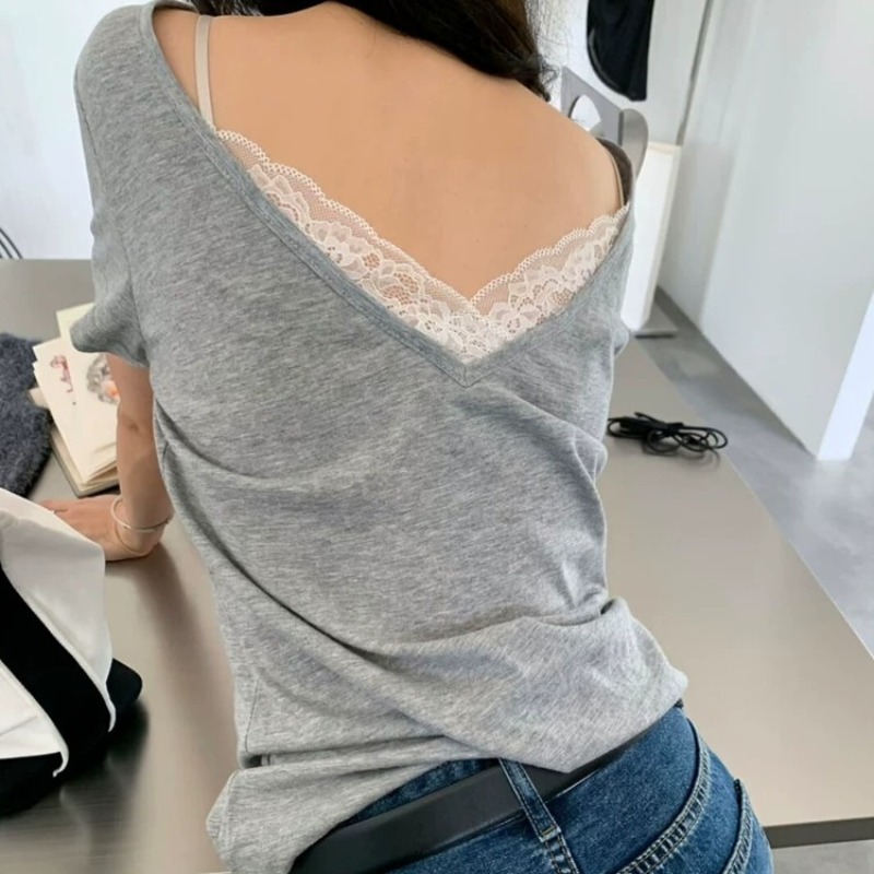 Korean V-Neck Lace Patch Short Sleeve T-Shirt for Women Summer Front Back Wearable Shoulder-Baring Top - Image 5