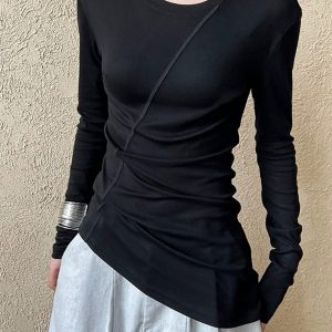 French Style Asymmetric White Round Neck Long Sleeve T-Shirt Women Autumn Slim Waist Base Top