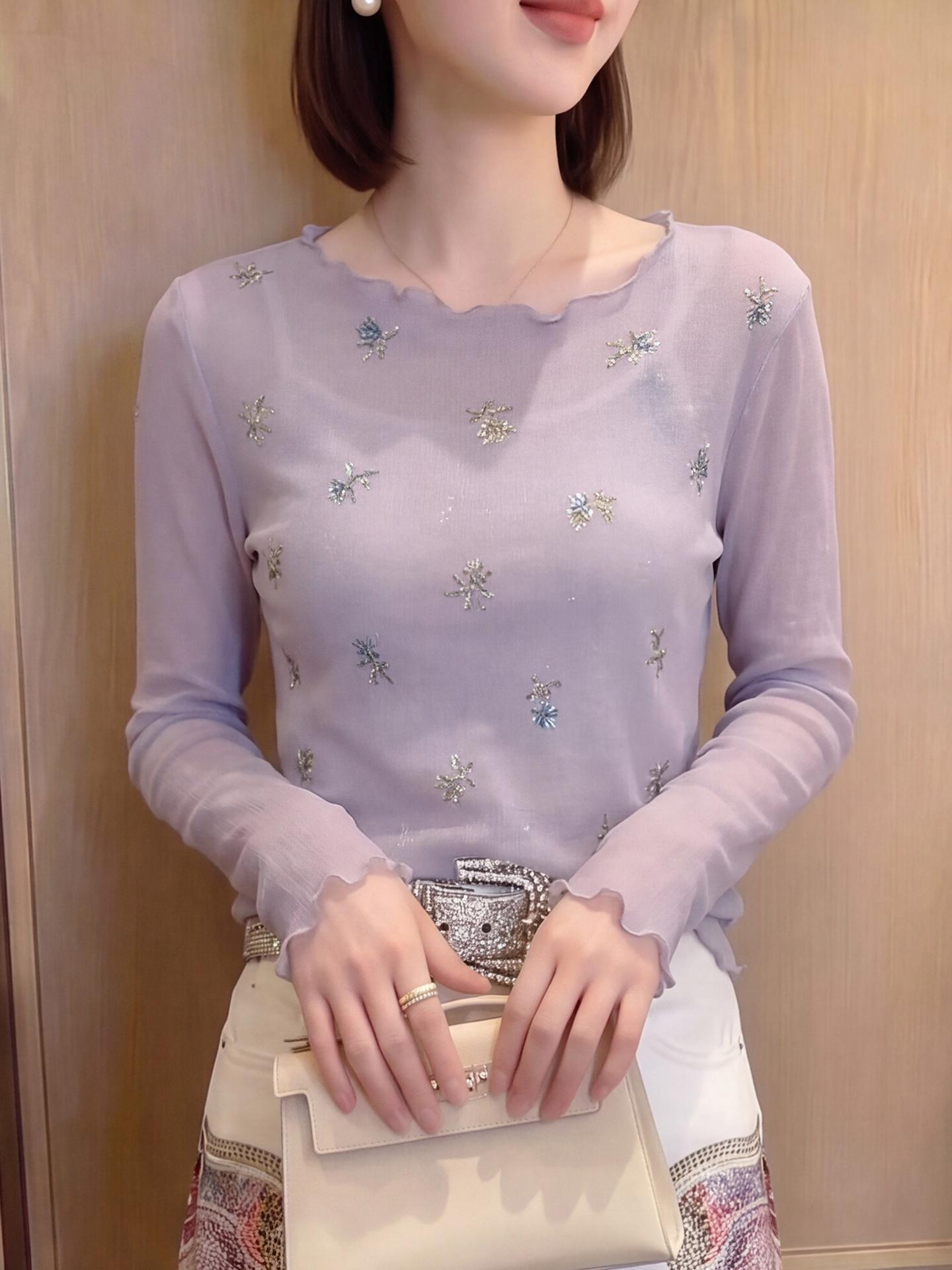 Elegant Purple Ruffled Long Sleeve Knit Top with Rhinestones for Women Early Autumn - Image 4