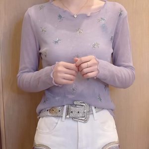 Elegant Purple Ruffled Long Sleeve Knit Top with Rhinestones for Women Early Autumn