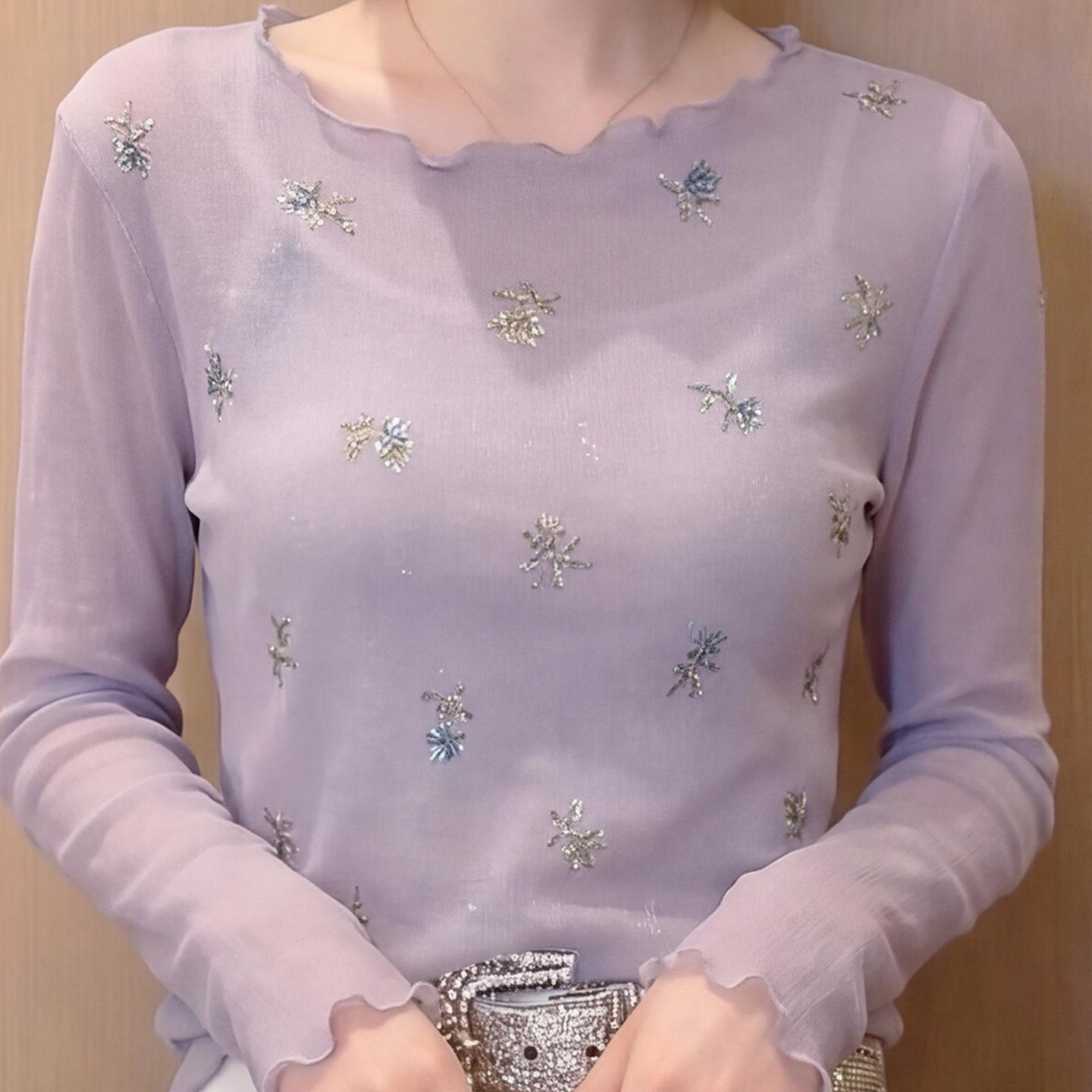Elegant Purple Ruffled Long Sleeve Knit Top with Rhinestones for Women Early Autumn - Image 5