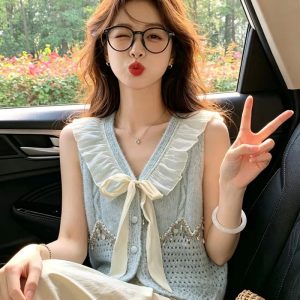 Sweet V-Neck Fringe Tie Knit Vest Women Fall Winter Ruffle Layering Top