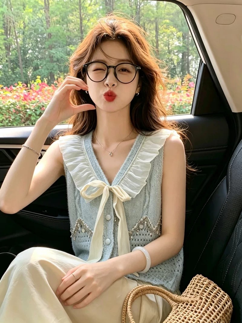 Sweet V-Neck Fringe Tie Knit Vest Women Fall Winter Ruffle Layering Top - Image 2