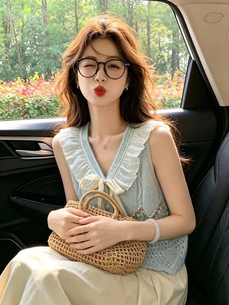 Sweet V-Neck Fringe Tie Knit Vest Women Fall Winter Ruffle Layering Top - Image 3