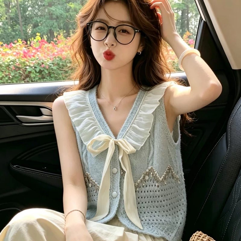 Sweet V-Neck Fringe Tie Knit Vest Women Fall Winter Ruffle Layering Top - Image 5