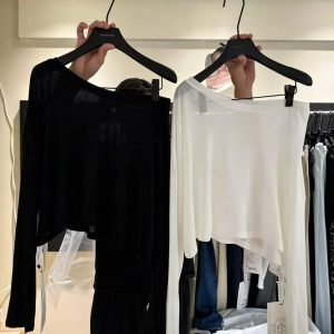 Korean Lazy Style One-Shoulder Long-Sleeve T-Shirt for Women 2026 Summer Sheer Vacation Sun Protection Cover-Up Top
