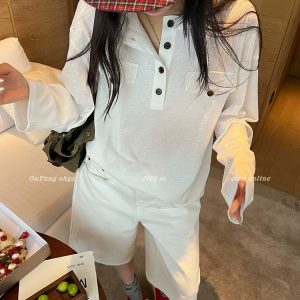 Women's Loose Henley Neck Long Sleeve T-Shirt in Off-White